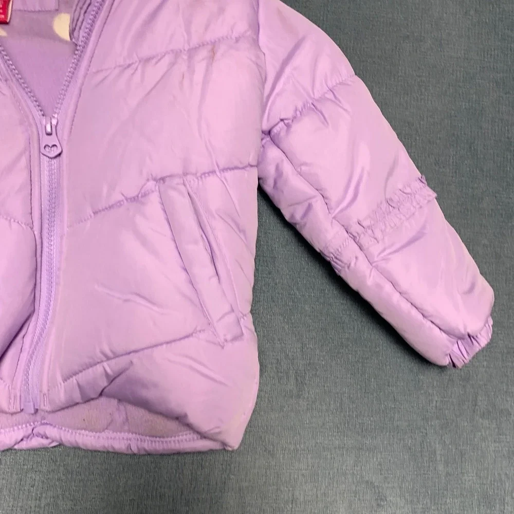 London Fog Puffer Jacket Girls S/4 Purple Faux Fur Trim Hood Fleece Lined Warm